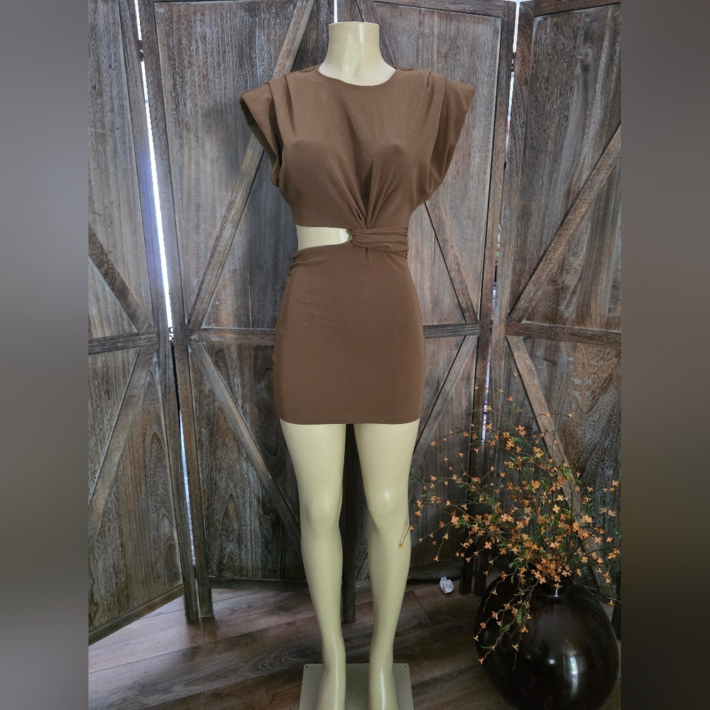 Zara Cut Out Asymmetrical Strechy Dress With Shoulder Pads